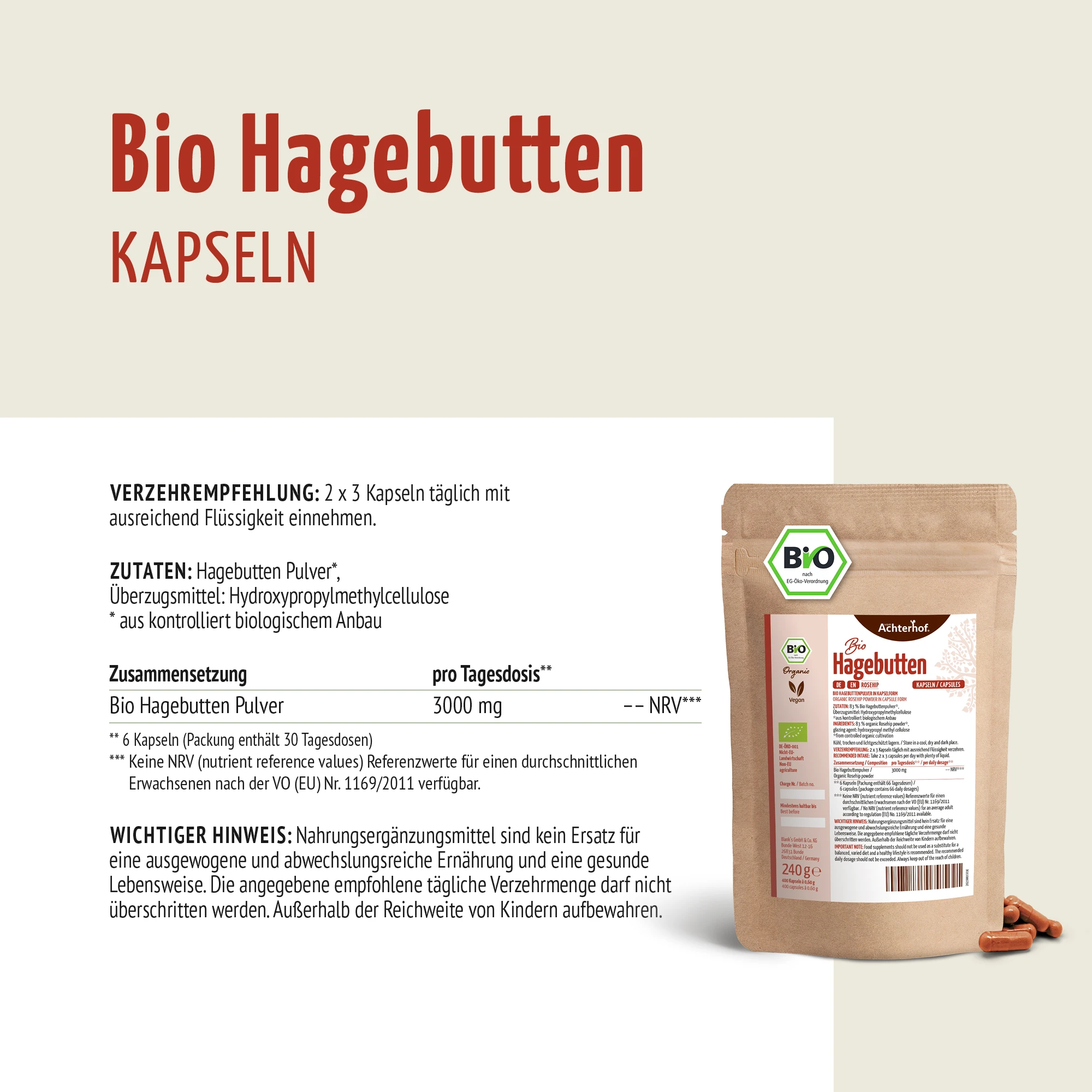 vom Achterhof BIO Hagebutten Kapseln 180 Kapseln - Image 5